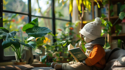 A plush toy dressed warmly enjoys a book in a sunlit reading nook, surrounded by lush houseplants and the tranquility of home - obrazy, fototapety, plakaty
