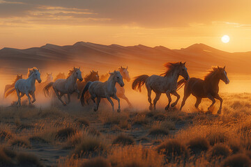 Fototapeta na wymiar Wild horses gallop across the dunes of the Gobi where the sand glimmers in shades of gold and pink at sunrise mirroring the horses vigor and grace