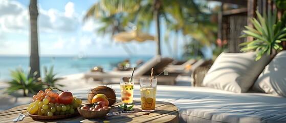 Relax in paradise with lounge chairs under a palm tree on a tropical beach, a beachside restaurant