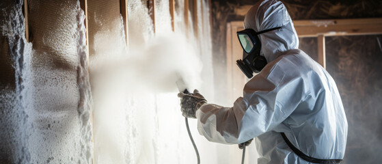 A worker wearing a protective suit applies polyurethan