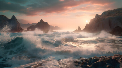 Fototapeta premium Tranquil seascapes, golden hour at the sea beach, in soft pastel colors V4.