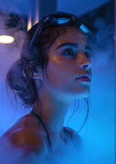 Portrait of a Woman in Cryotherapy Surrounded by Smoke, Looking Up with Glasses on Top of Her Head