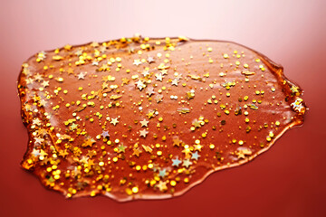 Cosmetic gel with glitter on a burgundy background.