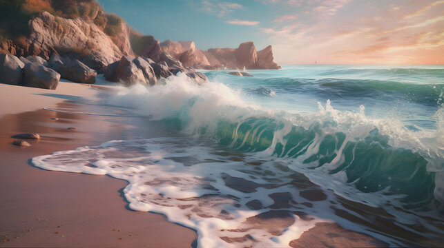 Tranquil seascapes, golden hour at the sea beach, in soft pastel colors V2.