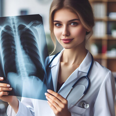 doctor looks at an x-ray on a blurred background of a medical office - obrazy, fototapety, plakaty