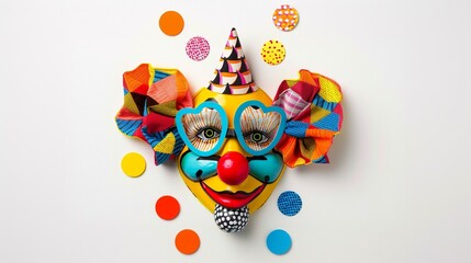 Patchwork art of a clown's face isolated on white background, concept of celebrating April Fools' Day, circus event, jokers, hilarious, greeting cards. - obrazy, fototapety, plakaty