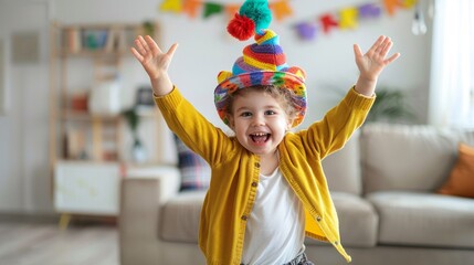 Happy kid wearing colorful wig and harlequin hat laughing and dancing at decorated home background with copy space, concept of Birthday Party, cross dress event, April Fools' Day celebration.