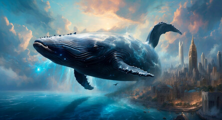 Surreal image giant whale glides through clouds above a sleeping city, blurring reality and dreams - obrazy, fototapety, plakaty