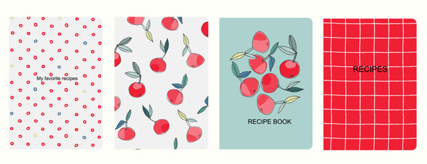 Fototapeta na wymiar Cover page vector templates for recipe books based on seamless patterns with hand drawn apples, pears, plums. Cookery books cover layout. Healthy fruit, vegan food concept