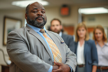 Large black man standing in an office with his staff. 
