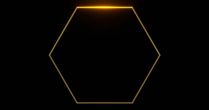 Hexagonal frame with glowing gold line. Yellow rhombus illuminated by 3d render golden luminous line moving along perimeter for design and art