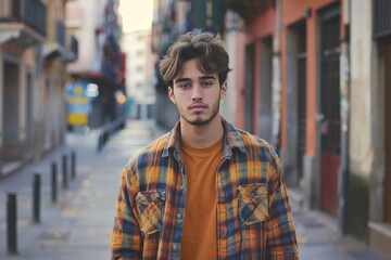 A young man wearing a plaid shirt and orange t-shirt stands on a city street