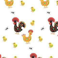 Obraz premium Abstract pattern. Cartoon rooster, hen, chickens. Seamless pattern on a white background. illustration Flyer background design, advertising background, fabric, clothing, texture, textile patter