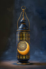 A lantern and crescent moon. blue background, iftar,eid mubarak,generative ai