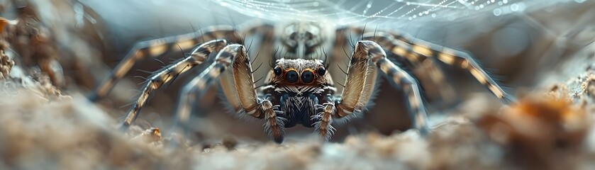 A spider is shown in a close up of its face. The spider is brown and black in color