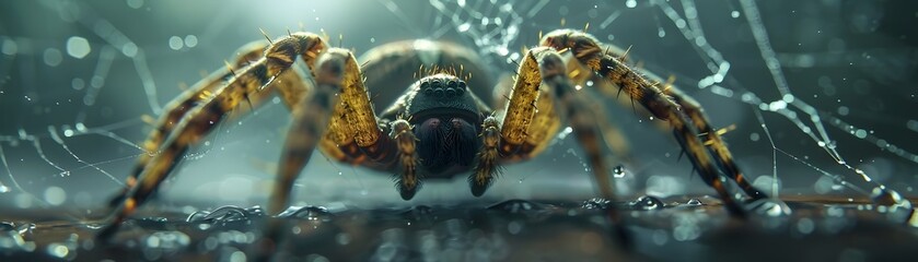 A spider is shown in a close up of its face. The spider is brown and black in color - obrazy, fototapety, plakaty