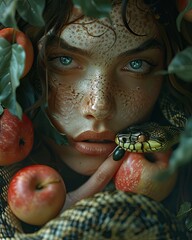 Artistic depiction of a woman , surrounded by apples and a snake, invoking mythological themes.