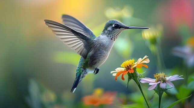 A hummingbird is flying over a flower. The flower is orange and the bird is green. Concept of freedom and beauty in nature