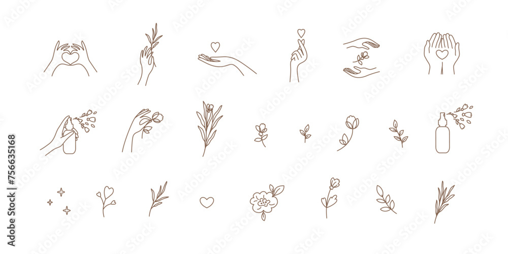 Wall mural set of vector illustrations of human hands holding flower, heart shape, blossom floral plant, leaf.  - Wall murals