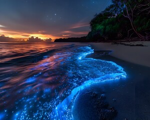 The ocean is lit up with blue lights, creating a serene and peaceful atmosphere