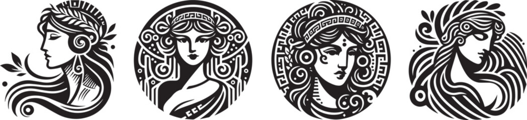 heads of ancient Greek women adorned with traditional patterns, black vector graphic