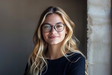 Fototapeta premium A woman with long blonde hair is wearing glasses and smiling