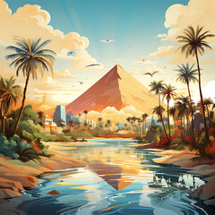 portrait of ancient Egypt pyramids at sunset illustration art full color