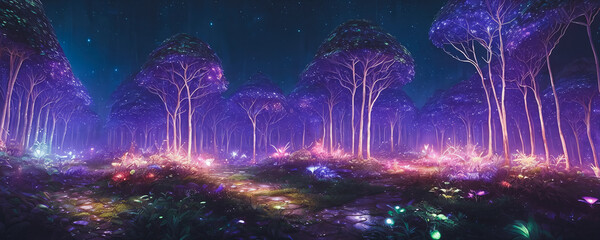 A mystical forest at night with luminescent plants. AI Generated - 756635357
