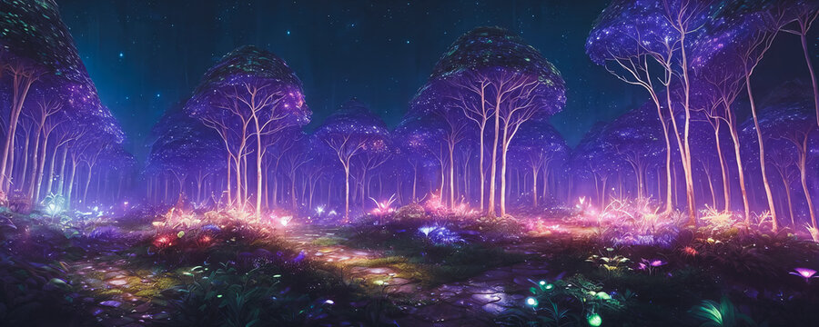 A mystical forest at night with luminescent plants. AI Generated