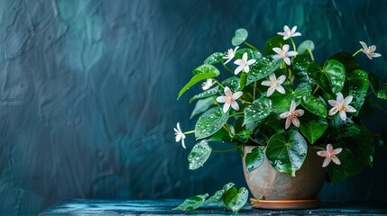 Indoor jasmine plant in a terracotta pot with delicate white flowers against a dark background.