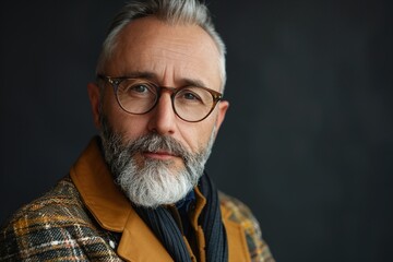 Obraz premium A man with glasses and a beard is wearing a plaid jacket and scarf