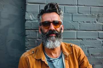 Obraz premium A man with a beard and glasses is wearing a yellow jacket and smiling