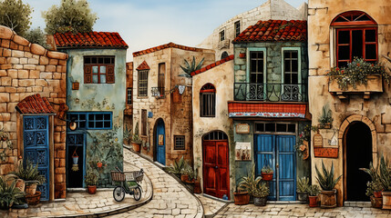 Fototapeta na wymiar Beautiful colorful houses on the streets of the old city with bicycles. Fantasy cityscape. Naive art style storybook illustration.