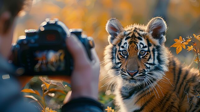 A photographer takes a close-up photo of a juvenile tiger among vibrant autumn leaves.