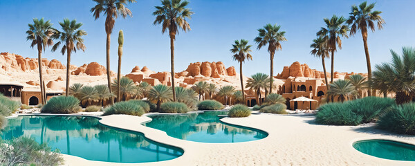 A hidden oasis in the desert with emerald-green waters, palm trees. AI Generated - 756636379