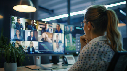 A professional woman in a modern office, engrossed in a video conference call on her high-resolution desktop monitor. 8K -