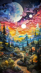 Fototapeta premium Fantasy landscape with mountains, forest and moon. Illustration for children. Poster art.