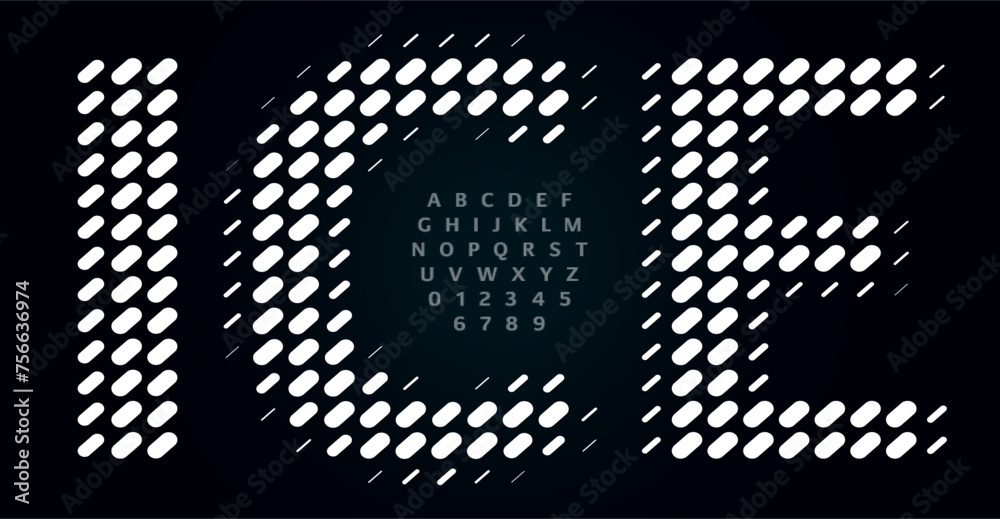 Poster Dynamic Dotted Alphabet, Rain Hail Inspired Font with Perforated Oval Patterns. Unconventional Decorative Typeface for App Logos, Tech Interfaces. Futuristic Digital Typography. Vector Typeset