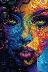 Cultural Fantasy: Detailed Portrait of a Woman with Spiraling Colorful Features - Afro-Colombian Inspired Wallpaper