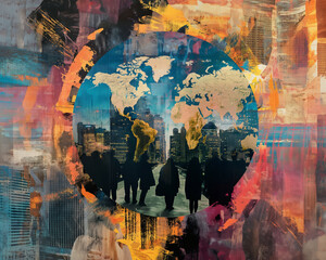 An evocative mixed media piece featuring silhouetted figures against a world map, overlaid with abstract urban textures, conveying a global urban narrative