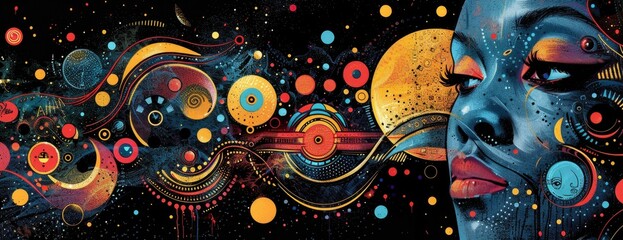 Cosmic Rhythms: Surreal 70s Funk Art Blending Sci-Fi and African Heritage - Futuristic Desktop Wallpaper