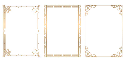 Set of vintage golden frames and borders, decorative ornament, vector antique