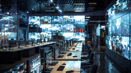 A security control center with a large video wall displaying live feeds from various CCTV cameras, providing real-time situational awareness for rapid response. 8K. -
