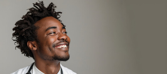 Obraz premium man with glasses and a beard. Laughing expression natural face smile side away looking background. man scientist doctor american Afro black young adult african curly psychologist counselor healer