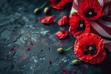 A bouquet of red poppies lies on a dark surface with copy space. Remembering National Pearl Harbor Remembrance Day