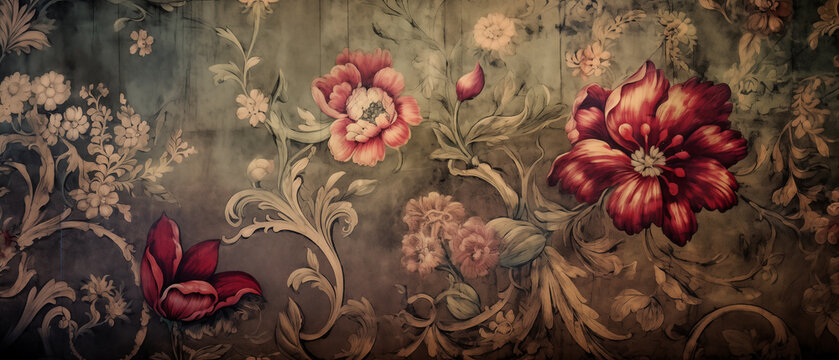 Antique wallpaper design inspired by the French royal court of the 1700's. Weathered and faded inspiration from an old French chateaus. intricate resource background and wallpaper.