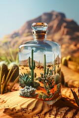 Bottle with a desert inside on a sand background. Vacation and nature concept. Surreal illustration for poster, banner, card