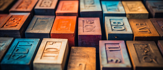 abstract of vintage wooden letterpress printing blocks - obrazy, fototapety, plakaty