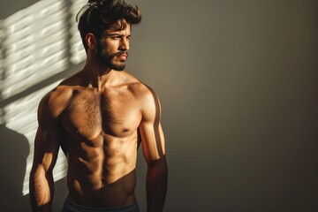 Fototapeta na wymiar A man with a beard and a shirtless chest stands in front of a wall