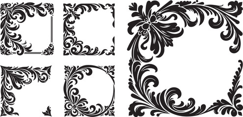 frames adorned with thick swirls, retro Romanesque, Germanic, Victorian style, black vector graphic laser cutting engraving